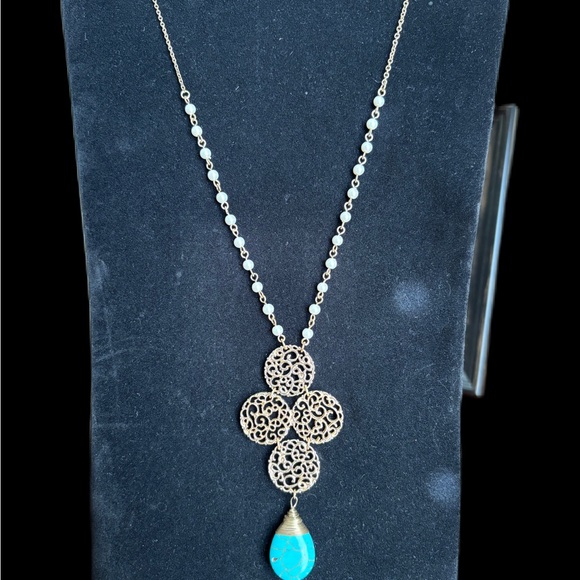 Gold Filigree Necklace with Turquoise Pendant - Picture 1 of 3